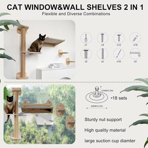 Scaffali a muro per gatti in legno massello JUNJI con posacchio 2-in-1 con amaca e grande letto per gatti a 3 strati montati su finestra per animali domestici - Product Image 2
