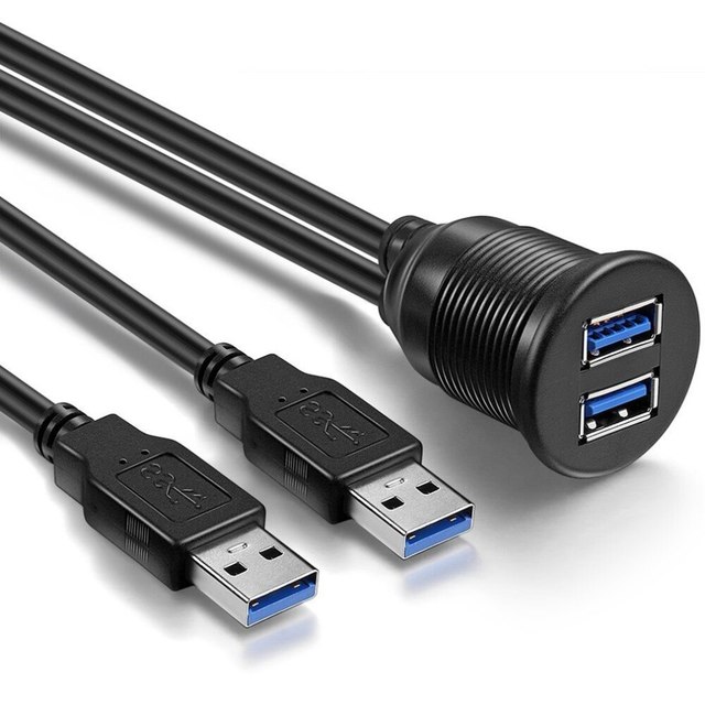 USB 3.0 Port Male to Female Extension Cable Waterproof Flush Mount Dual USB Dock Adapter Dashboard Pan for Car Motorcycle