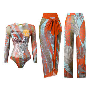 Stok 2026 9 warna cetak Wanita 3 potong pakaian renang lengan panjang Mesh baju renang pantai sarung celana panjang Set ukuran besar pakaian pantai S-2XL - Product Image 6