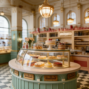 Oymalı Camlı Vitrin, Işıklar ve Dahili Aydınlatmalı Raflarla Lüks Fransız Pastanesi Sergi Bölgesi - Product Image 4