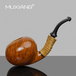 Muxiang Briar Wood Tobacco Pipe Bent Type Handcrafted Apple Shape Gold Glossy Surface Smoking Pipe - Product Image 1