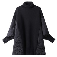 Suéter de cuello alto patchwork para mujer, suéter grueso y holgado de otoño/invierno, abrigo cálido de moda con diseño de longitud media