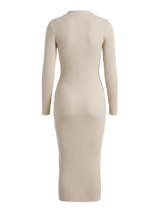 Robe pull en tricot crocheté uni pour femme, manches longues, boutonnée sur le devant, col chemise, moulante, mi-mollet, hiver, mélange de viscose - Product Image 3