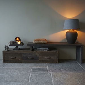 Meuble TV en bois Nero avec trois tiroirs, console multimédia rustique à longueur réglable, unité de rangement, meuble de salon - Product Image 1