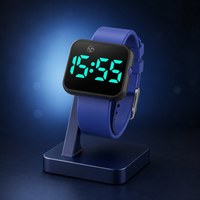 Montre numérique pour enfants avec bracelet en silicone bleu, boîtier carré noir, LED verte, personnalisable avec logo, idéale pour les sacs à dos scolaires - Vente en gros