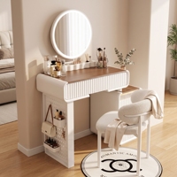 Coiffeuse de luxe avec chaise ronde, ensemble de table de maquillage moderne blanche avec tiroir cannelé pour chambre à coucher