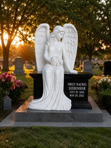 White Marble Angel Design Hand Carved Headstone <b>Polished</b> Surface Traditional Style Outdoor Use - Product Image 2