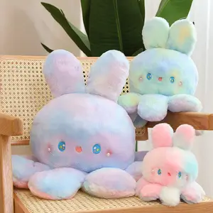 YWMX 20CM Double Side Octopus With Rabbit Ear Plush Toy Fluffy Reversible Octopus Colorful Stuffed Plush Toys Pillow For Kids