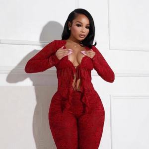 2025 Europa y América ropa de mujer Sexy con cordones cárdigan hueco camisa de encaje de manga larga pantalones de encaje conjunto de dos piezas - Product Image 2