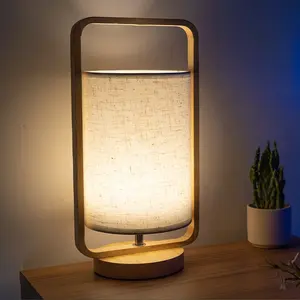 Nordic Europese Woonkamer Slaapkamer Draagbare Leeslamp Bed Dimbare Houten Lantaarnlamp Met Cilinderstof Lampenkap