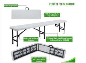 Banc de pique-nique pliable facile à transporter, 6 pieds, banc pliable en plastique d'extérieur - Product Image 2