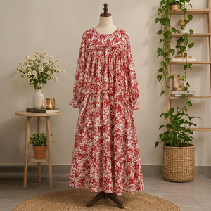 Floral Cotton Wrinkle-Free Floor-Length Maxi Dress Ruffle Tiered Casual <b>Kurti</b> <b>Women</b> Summer Ethnic Style-Georgette Chiffon Stuff - Product Image 1