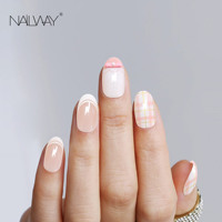 Faux ongles Nailway, design mignon, forme ovale courte, couleur rose, pointe française, matériau PMMA, ongles artificiels brillants, ongles de doigt artificiels
