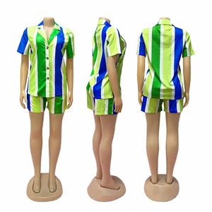 2025 Listo para enviar Venta al por mayor Blusas <span class=keywords><strong>camisas</strong></span> de manga corta Conjunto de pantalones cortos <span class=keywords><strong>a</strong></span> rayas - Product Image 3