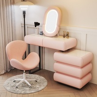 Coiffeuse en bois massif avec plateau en pierre, tiroirs intégrés et armoire éclairée, style moderne minimaliste crème, pour chambre et salon