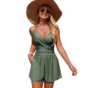 Traje de baño de una pieza para mujer, diseño con cuello en V, de secado rápido, con bolsillos, ropa de playa para nadar, deportes acuáticos - Product Image 5