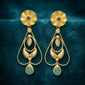Pendientes Colgantes de Aguamarina con Diseño Dorado y Flor, Pendientes de Latón Hechos a Mano, Estilo Nuevo - Product Image 2