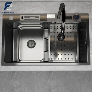 Matte Black PVD Anti-Scratch Embossed Digital Waterfall Food Grade Stainless Steel Workstation Sink Built-in Knife Holder Smart - Product Image 2