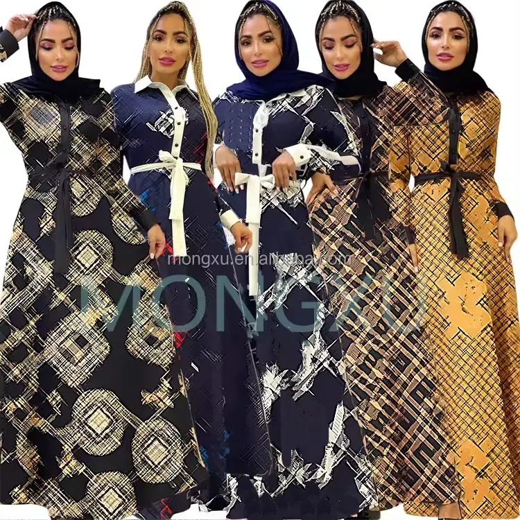 Abaya phụ nữ hồi giáo váy Maxi Dress thiết kế in dài tay áo lần lượt xuống cổ áo sơ mi ăn mặc với vành đai phụ nữ sang trọng quần áo