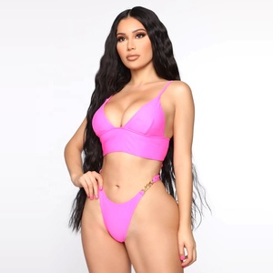 Custom Logo High Cut <strong>Latex</strong> <strong>Swimsuit</strong>/Bikini Swimwear Push-up Bra Handmade with Drawstring Decoration Pink Plus Size Options - Product Image 1