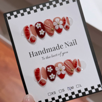 Kuku Palsu TSZS Medium Almond Buatan Tangan dengan Hiasan Bunga 3D French Polka Dot, Kuku Palsu yang Dapat Digunakan Kembali untuk DIY Grosir