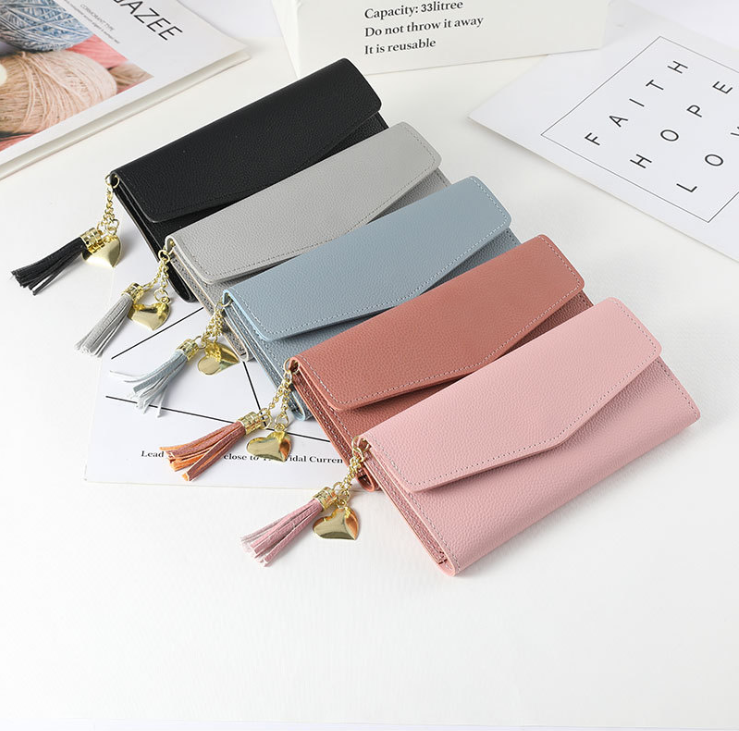 Модный кошелек, Женский Длинный кошелек, кошелек с подвеской в виде сердца, личи, кожаный кошелек с кисточкой, складной клатч на молнии, кошелек для монет