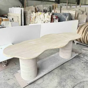 HZX Customized Natural Stone Furniture Round Oval Shape Fluted Base Marble Dining Table Beige Travertine Stone Dining Table