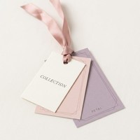 Ensemble d'étiquettes personnalisées pour vêtements, dégradé ombré lavande rose ivoire, bordure fine imprimée avec ruban satiné pour marque de mode féminine