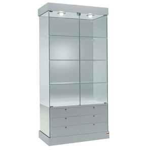Vitrina H2O de 75 cm de Ancho y 190 cm de Alto, Color Gris Claro, Vidrio Templado, Puertas con Cierre y Bisagras, 6 Cajones, Mueble Base - Product Image 1