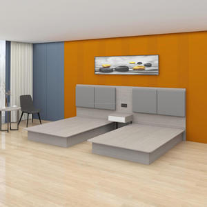 Budget Friendly Hotel Bedroom Sets Modern Wood <b>Platform</b> <b>Bed</b> <b>Frame</b> With Soft Grey Headboard Nightstands & Lounge Chair for Hotels - Product Image 2