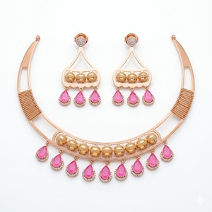 925 <b>Silver</b> Italian Rose Gold Pink Stone <b>Choker</b> Necklace Set Designer Fashion Jewelry for Women and Girls - Product Image 3