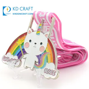 Unique Design Custom Metal Rainbow Enamel Glitter Cute Cartoon Animal Kawaii Cat Unicorn Souvenir Running Race Medal