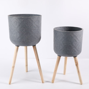 Pot de plante géométrique minimaliste en relief, grand pot pour palmier, décoration intérieure pour salon, pots à plantes avec <span class=keywords><strong>support</strong></span> trépied en <span class=keywords><strong>bois</strong></span> naturel - Product Image 4