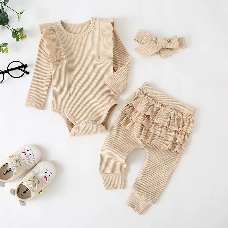 3pc baby clothing set Ribbed Cotton Baby Girl's Long Sleeve Romper and Pant Set Rib Frill for babies clothing set