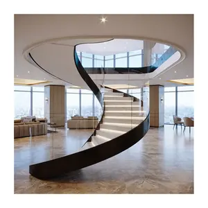 CBMmart Interior Curved/Arc Spiral Staircase Wooden Stairs with Glass Railing Spiral Stairs