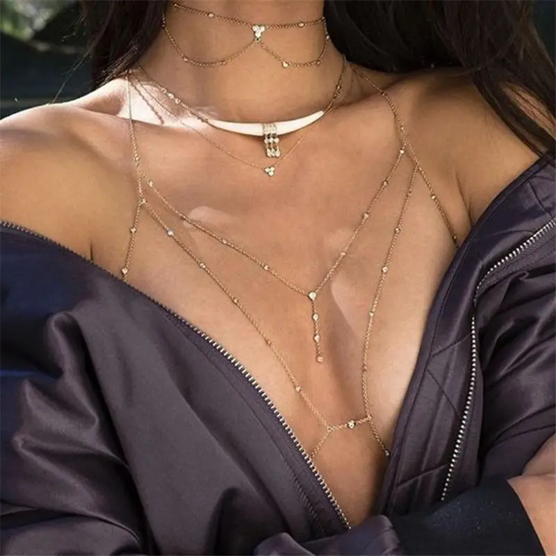 NAKAMURA Sexy shining bling multi layer necklace diamond hanging neck sling tassel design versatile body chain suit