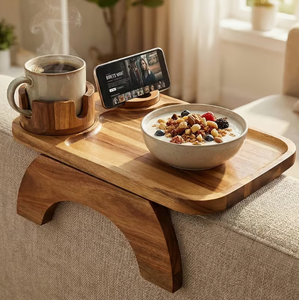 <span class=keywords><strong>Plateau</strong></span> pliable en bois d'acacia et bambou pour accoudoir de <span class=keywords><strong>canapé</strong></span> avec support de téléphone rotatif, portable, à un seul niveau, pour la maison et la cuisine - Product Image 4