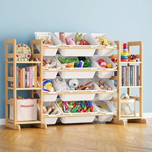 Boîte de <span class=keywords><strong>rangement</strong></span> de jouets avec 6 étagères et 12 poubelles Bibliothèque de bibliothèque Support de poubelle pour enfants - Product Image 1