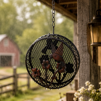 Mangeoire à oiseaux ronde en fer forgé antique avec ornement floral, chaîne de suspension, résistante à l'eau et à la rouille, pour jardin extérieur