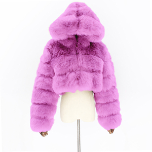 Manteau en fausse fourrure à la mode pour femmes à la mode personnalisé <span class=keywords><strong>bleu</strong></span> femmes manteau de fourrure <span class=keywords><strong>court</strong></span> coloré à capuche col de fourrure manteau uni - Product Image 2