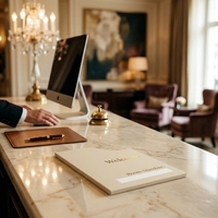 Porte-cartes clés d'hôtel en papier beige avec texte de bienvenue et panneau pour numéro de chambre inscriptible pour les fournitures de réception