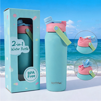 Bouteille d'eau portable en acier inoxydable de qualité supérieure 2-en-1 avec double couvercle, bec large et paille, sans BPA, anti-fuite, livrée en coffret cadeau