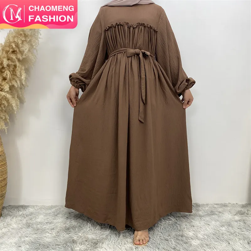 6694# Latest Abaya Muslim Dresses 2023 Dubai Wrinkle Crepe Back Zipper With Pockets And Belt Turkish Evening Dress for Women