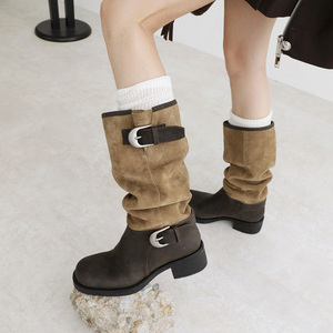 Botas Vaqueras Retro de Pierna Recta para Mujer, Novedad 2026, con Hebillas Metálicas, de Dos Tonos y Gamuza - Product Image 1