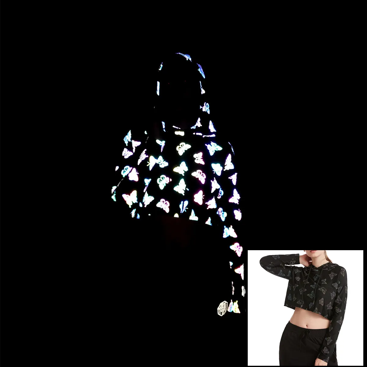 फैशनेबल हाय विज़ उच्च दृष्टि पॉलिएस्टर कस्टम तितली पैटर्न देवियों महिला चिंतनशील जिम वस्त्र hooded tracksuits जैकेट