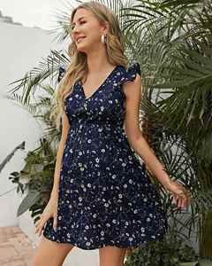 ชุดนอนคนท้องผ้าฝ้ายออร์แกนิคพิมพ์ลายดอกไม้ แขนระบาย ชุดเดรสสั้นสำหรับหญิงตั้งครรภ์ เสื้อผ้าคนท้องผ้าฝ้าย - Product Image 4