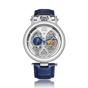 3D Basso-relievo 스켈레톤 다이얼 Mens 시계 Moon Phase Tourbillon 가죽 스마트 시계 남자 손목 자동