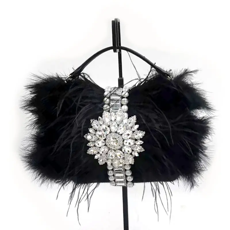 Bolso de mano con plumas para mujer, bolsa de mano de lujo con diamantes de imitación para fiesta de noche