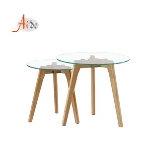 Оптовая продажа, дешевый современный круглый чайный столик, мебель, журнальный столик из дуба со стеклянной столешкой