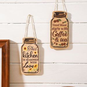 Rustic <b>Wooden</b> Mason Jar <b>Signs</b> 4Pcs <b>Home</b> Kitchen Wall Decor Coffee Tea Love Theme Hanging Tags Irregular Shape Wood Craft - Product Image 4